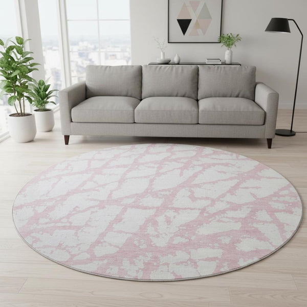 HomeRoots 8' Pink and Ivory Abstract Washable Round Rug - UV Protected, Stain Resistant, Perfect for Busy Homes 676869