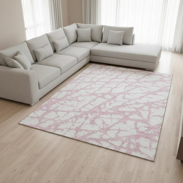 HomeRoots 9' X 12' Pink and Ivory Abstract Area Rug - Washable, UV Protected, Stylish & Durable for Any Room 676871