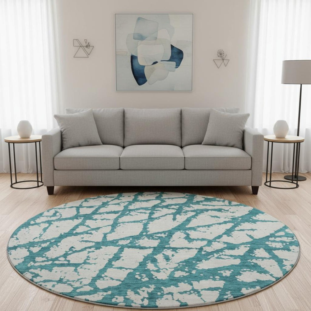 HomeRoots 8' Teal and Ivory Round Rug - Modern Abstract Design, Washable, UV Protected & Stain Resistant, 8ft 676881