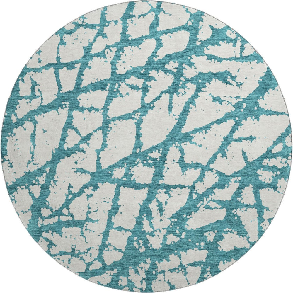 HomeRoots 8' Teal and Ivory Round Rug - Modern Abstract Design, Washable, UV Protected & Stain Resistant, 8ft 676881