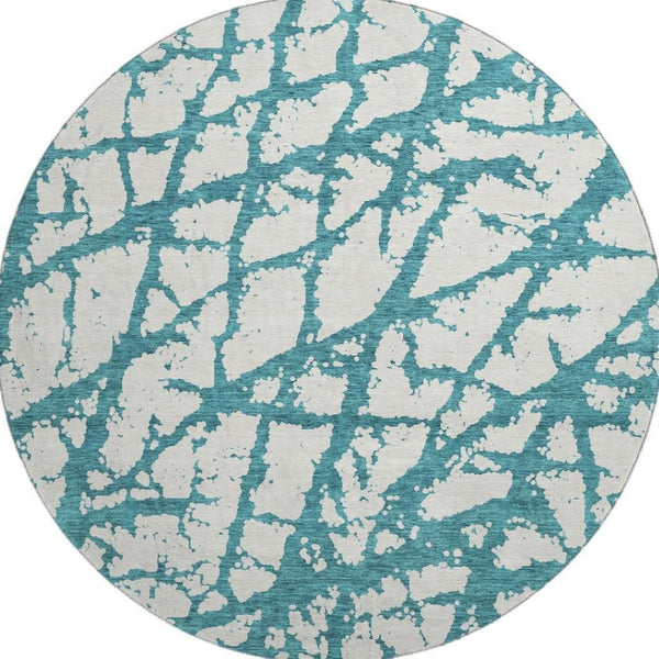 HomeRoots 8' Teal and Ivory Round Rug - Modern Abstract Design, Washable, UV Protected & Stain Resistant, 8ft 676881