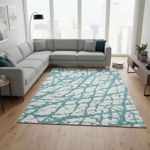 HomeRoots 8' X 10' Teal and Ivory Abstract Washable Area Rug - Stain Resistant, UV Protected, Modern Style! 676882