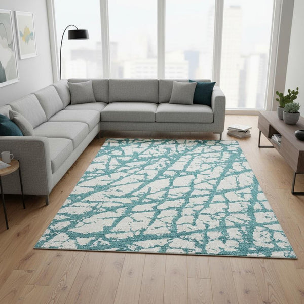 HomeRoots 8' X 10' Teal and Ivory Abstract Washable Area Rug - Stain Resistant, UV Protected, Modern Style! 676882