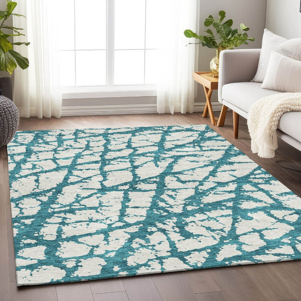 HomeRoots 8' X 10' Teal and Ivory Abstract Washable Area Rug - Stain Resistant, UV Protected, Modern Style! 676882