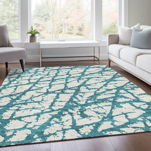 HomeRoots 8' X 10' Teal and Ivory Abstract Washable Area Rug - Stain Resistant, UV Protected, Modern Style! 676882