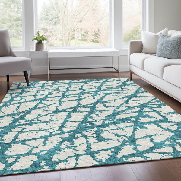 HomeRoots 8' X 10' Teal and Ivory Abstract Washable Area Rug - Stain Resistant, UV Protected, Modern Style! 676882