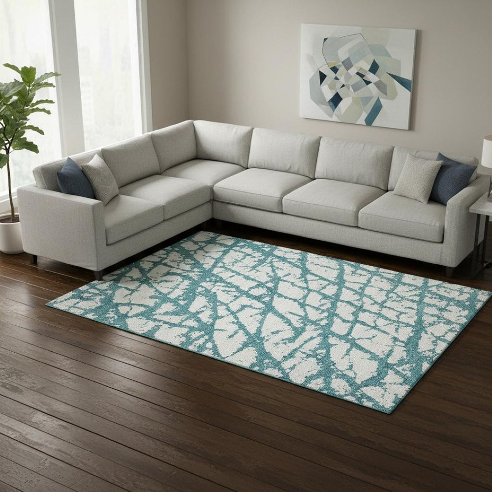 HomeRoots 9' X 12' Teal & Ivory Abstract Washable Area Rug – Stylish, Durable, Stain Resistant with UV Protection 676883