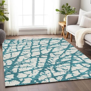 HomeRoots 10' X 14' Teal & Ivory Abstract Washable Area Rug – Durable, UV-Protected for Busy Homes & Style! 676884