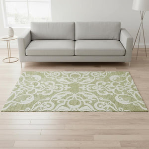 HomeRoots 5' X 8' Artichoke Green & Ivory Damask Washable Area Rug - Durable, Stain-Resistant, UV Protected! 676886