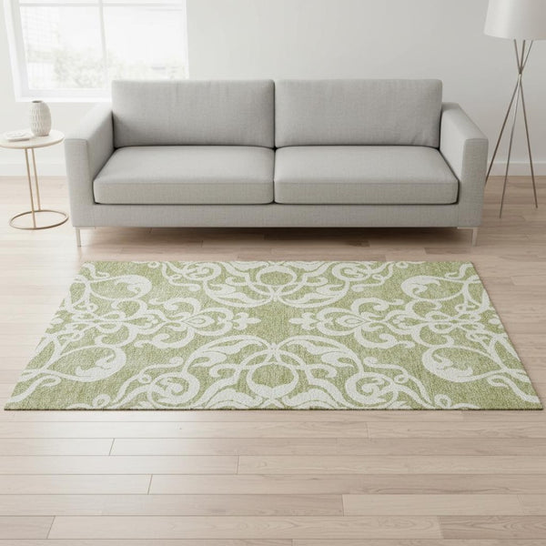 HomeRoots 5' X 8' Artichoke Green & Ivory Damask Washable Area Rug - Durable, Stain-Resistant, UV Protected! 676886