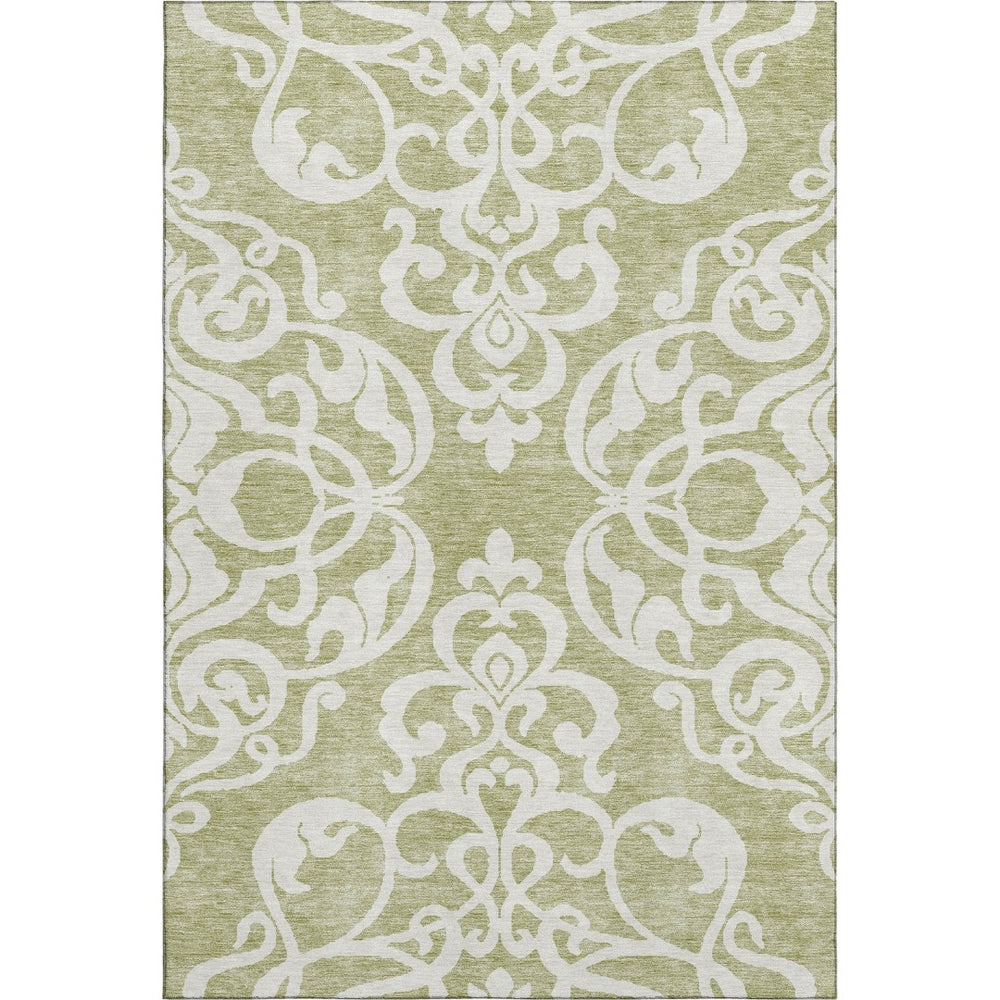 HomeRoots 5' X 8' Artichoke Green & Ivory Damask Washable Area Rug - Durable, Stain-Resistant, UV Protected! 676886