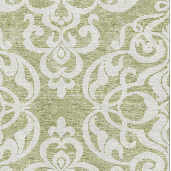 HomeRoots 5' X 8' Artichoke Green & Ivory Damask Washable Area Rug - Durable, Stain-Resistant, UV Protected! 676886
