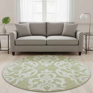 HomeRoots 8' Artichoke Green & Ivory Damask Washable Round Rug - UV Protected, Durable, Easy Care Design 676887