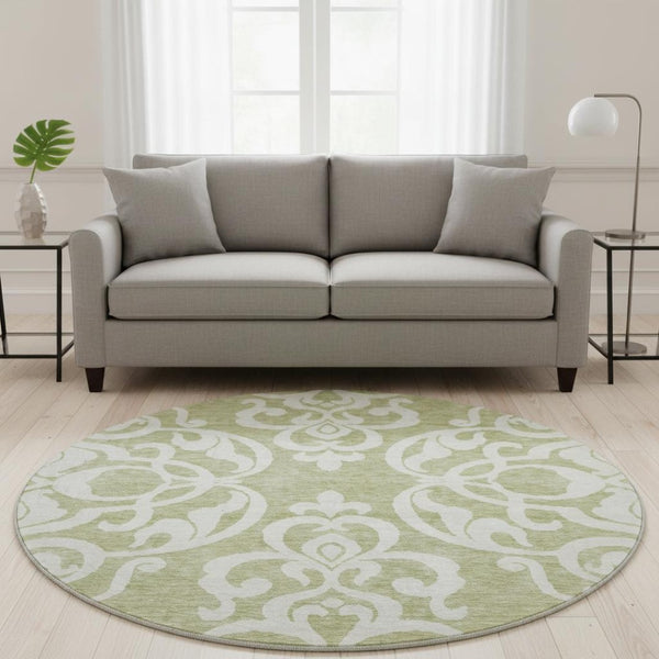 HomeRoots 8' Artichoke Green & Ivory Damask Washable Round Rug - UV Protected, Durable, Easy Care Design 676887