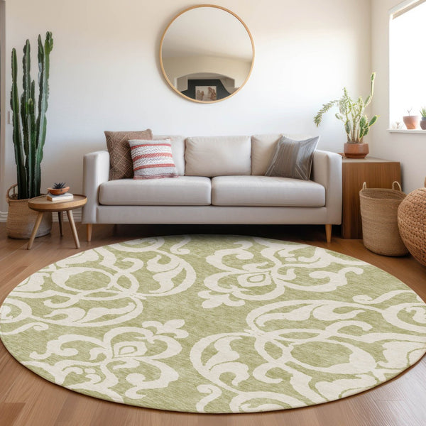 HomeRoots 8' Artichoke Green & Ivory Damask Washable Round Rug - UV Protected, Durable, Easy Care Design 676887