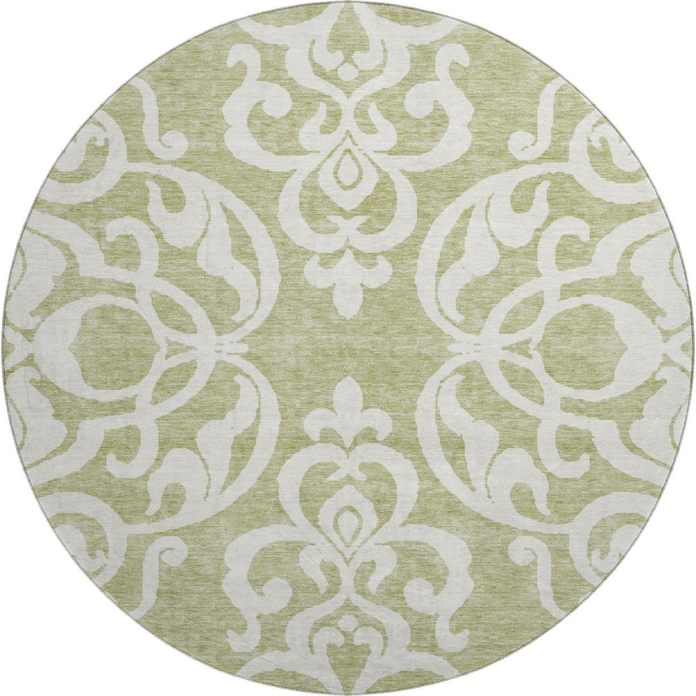HomeRoots 8' Artichoke Green & Ivory Damask Washable Round Rug - UV Protected, Durable, Easy Care Design 676887