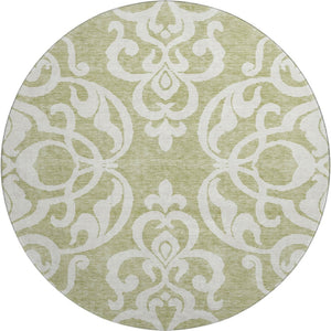 HomeRoots 8' Artichoke Green & Ivory Damask Washable Round Rug - UV Protected, Durable, Easy Care Design 676887
