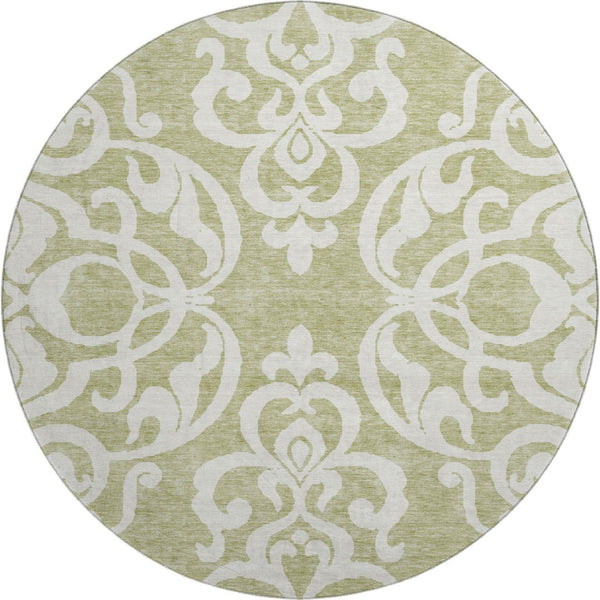 HomeRoots 8' Artichoke Green & Ivory Damask Washable Round Rug - UV Protected, Durable, Easy Care Design 676887