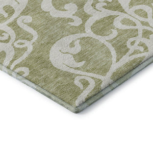 HomeRoots 8' Artichoke Green & Ivory Damask Washable Round Rug - UV Protected, Durable, Easy Care Design 676887