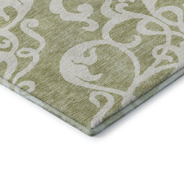HomeRoots 8' Artichoke Green & Ivory Damask Washable Round Rug - UV Protected, Durable, Easy Care Design 676887