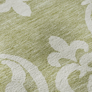 HomeRoots 8' Artichoke Green & Ivory Damask Washable Round Rug - UV Protected, Durable, Easy Care Design 676887