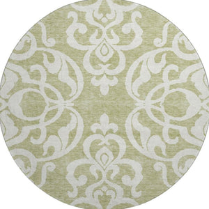 HomeRoots 8' Artichoke Green & Ivory Damask Washable Round Rug - UV Protected, Durable, Easy Care Design 676887