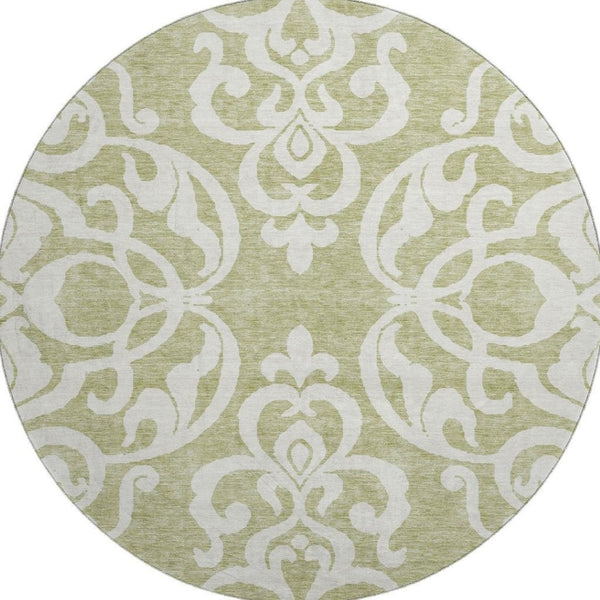 HomeRoots 8' Artichoke Green & Ivory Damask Washable Round Rug - UV Protected, Durable, Easy Care Design 676887