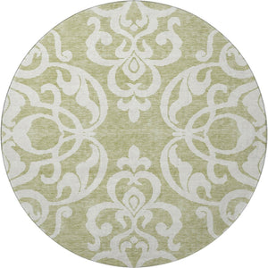 HomeRoots 8' Artichoke Green & Ivory Damask Washable Round Rug - UV Protected, Durable, Easy Care Design 676887