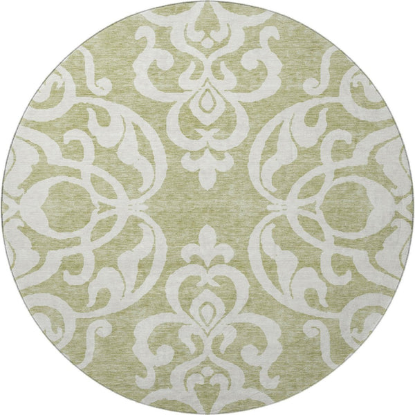 HomeRoots 8' Artichoke Green & Ivory Damask Washable Round Rug - UV Protected, Durable, Easy Care Design 676887