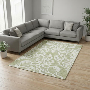 HomeRoots 8' X 10' Artichoke Green Ivory Damask Rug – Washable, UV Protected, Stylish & Durable for Any Room 676888