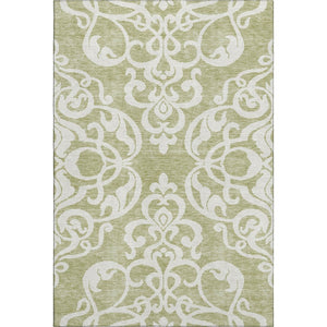 HomeRoots 8' X 10' Artichoke Green Ivory Damask Rug – Washable, UV Protected, Stylish & Durable for Any Room 676888