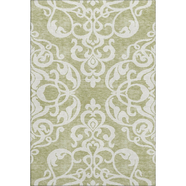 HomeRoots 8' X 10' Artichoke Green Ivory Damask Rug – Washable, UV Protected, Stylish & Durable for Any Room 676888