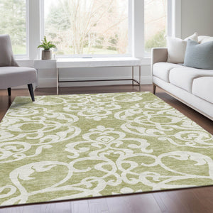 HomeRoots 8' X 10' Artichoke Green Ivory Damask Rug – Washable, UV Protected, Stylish & Durable for Any Room 676888