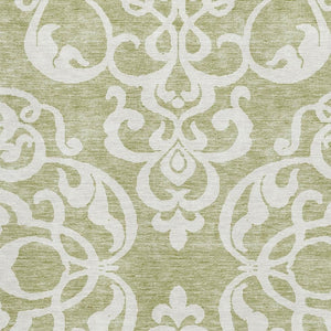 HomeRoots 8' X 10' Artichoke Green Ivory Damask Rug – Washable, UV Protected, Stylish & Durable for Any Room 676888