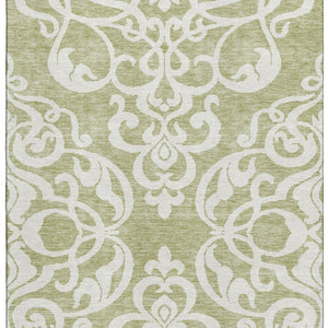 HomeRoots 8' X 10' Artichoke Green Ivory Damask Rug – Washable, UV Protected, Stylish & Durable for Any Room 676888