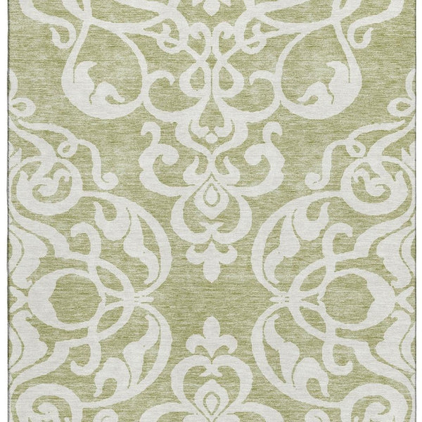 HomeRoots 8' X 10' Artichoke Green Ivory Damask Rug – Washable, UV Protected, Stylish & Durable for Any Room 676888