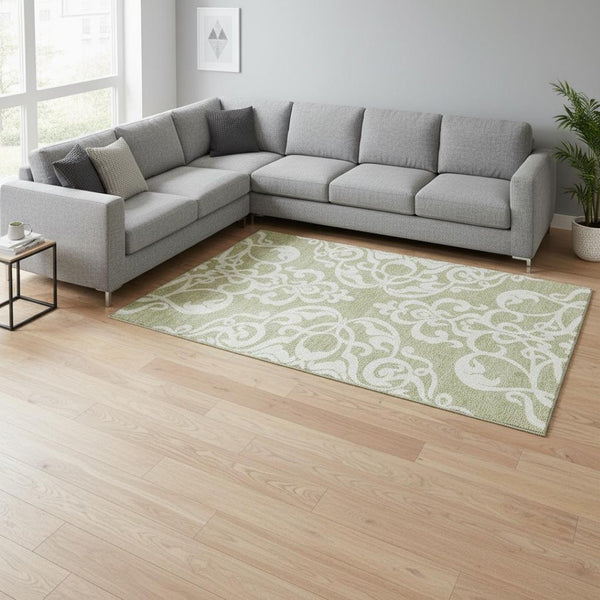 HomeRoots 9' X 12' Artichoke Green Damask Rug - Washable, Stain Resistant, UV Protected - Ideal for High-Traffic Areas! 676889