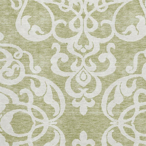 HomeRoots 9' X 12' Artichoke Green Damask Rug - Washable, Stain Resistant, UV Protected - Ideal for High-Traffic Areas! 676889