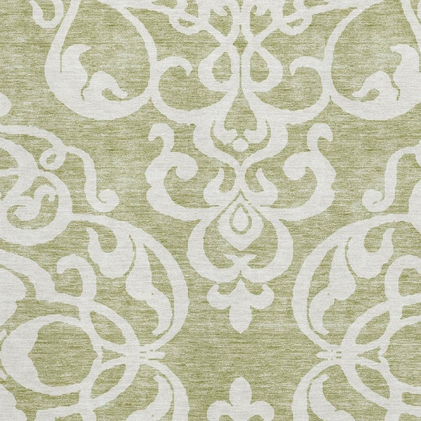 HomeRoots 9' X 12' Artichoke Green Damask Rug - Washable, Stain Resistant, UV Protected - Ideal for High-Traffic Areas! 676889