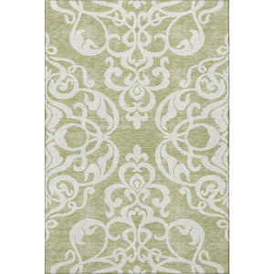 HomeRoots 9' X 12' Artichoke Green Damask Rug - Washable, Stain Resistant, UV Protected - Ideal for High-Traffic Areas! 676889