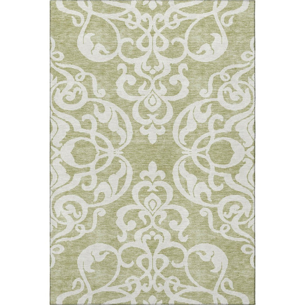 HomeRoots 9' X 12' Artichoke Green Damask Rug - Washable, Stain Resistant, UV Protected - Ideal for High-Traffic Areas! 676889