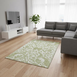 HomeRoots 10' Artichoke Green & Ivory Damask Area Rug – Washable, UV-Protected, Durable & Perfect for Any Space 676890