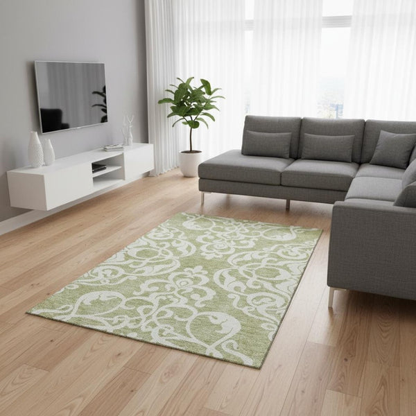 HomeRoots 10' Artichoke Green & Ivory Damask Area Rug – Washable, UV-Protected, Durable & Perfect for Any Space 676890