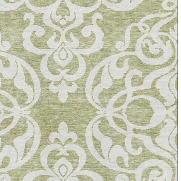 HomeRoots 10' Artichoke Green & Ivory Damask Area Rug – Washable, UV-Protected, Durable & Perfect for Any Space 676890