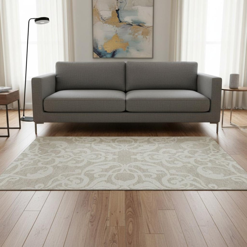 HomeRoots 5' X 8' Beige Ivory Damask Area Rug - Washable, UV Protected, Stylish & Durable for Every Room 676892