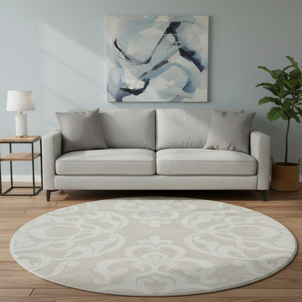 HomeRoots 8' Elegant Beige and Ivory Damask Washable Round Rug - UV Protected, Stain-Resistant, Ideal for Families 676893