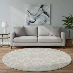 HomeRoots 8' Elegant Beige and Ivory Damask Washable Round Rug - UV Protected, Stain-Resistant, Ideal for Families 676893