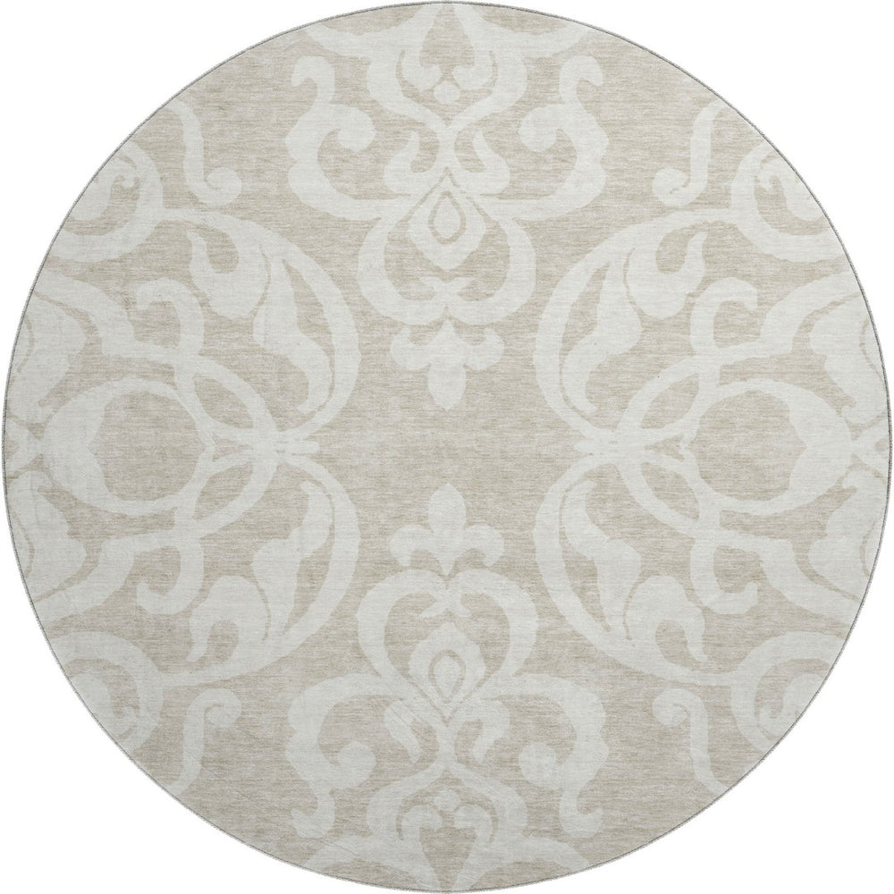 HomeRoots 8' Elegant Beige and Ivory Damask Washable Round Rug - UV Protected, Stain-Resistant, Ideal for Families 676893