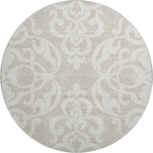 HomeRoots 8' Elegant Beige and Ivory Damask Washable Round Rug - UV Protected, Stain-Resistant, Ideal for Families 676893