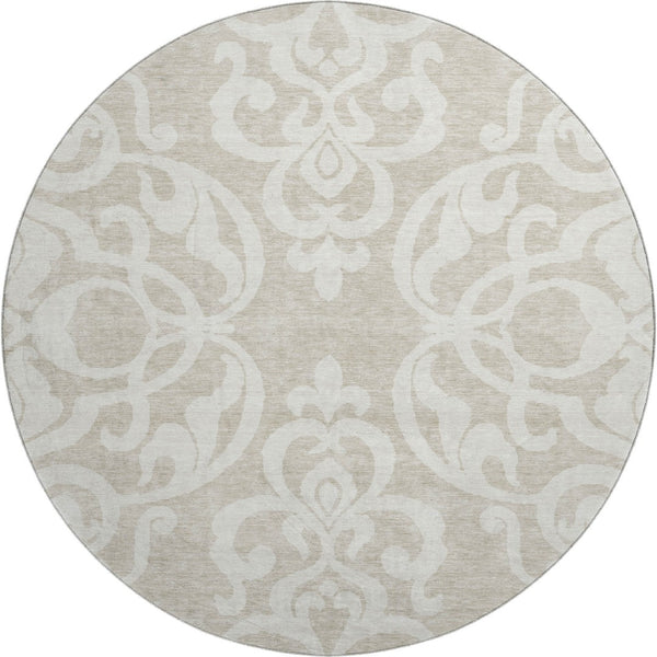 HomeRoots 8' Elegant Beige and Ivory Damask Washable Round Rug - UV Protected, Stain-Resistant, Ideal for Families 676893